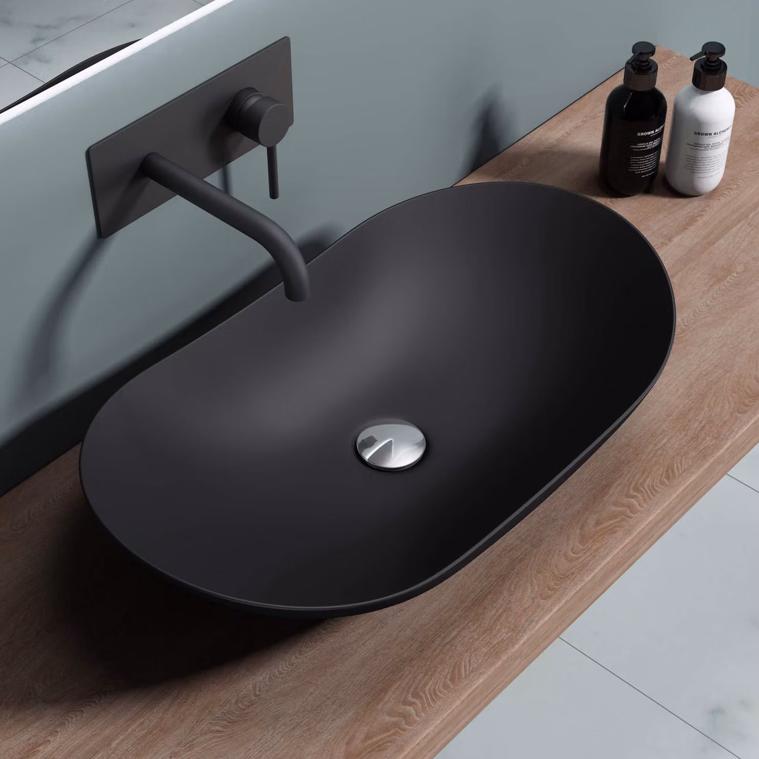doporro Lavabo da Appoggio Ovale in Vetroceramica Nero Opaco 63x36,5x14 cm, Lavandino Bagno Moderno Effetto Loto, Senza Foro Rubinetto - Brš¹ssel858
