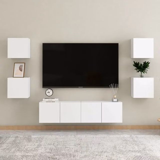 Set di mobili porta TV moderno vidaXL in legno bianco da 6 pezzi con montaggio a parete