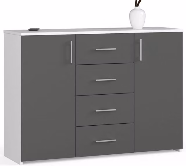 Cassettiera AKORD K45 Bianca con 2 ante e 4 cassetti e inserto frontale Grigio Grafite L: 110 cm, P: 35 cm, H: 80 cm
