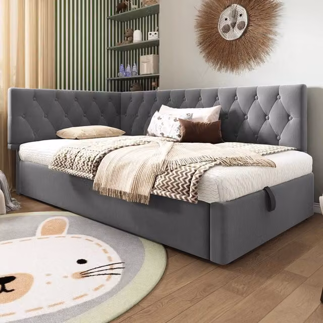Letto singolo imbottito 90 × 200 cm con vano contenitore in velluto grigio con rete a doghe e testiera reversibile