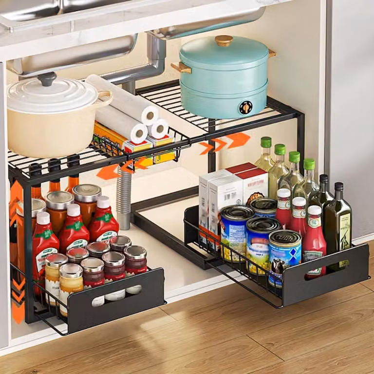 Organizzatore estraibile per mobile basso, in metallo nero, stile A, dimensioni 65-75x32-40x36,5 cm