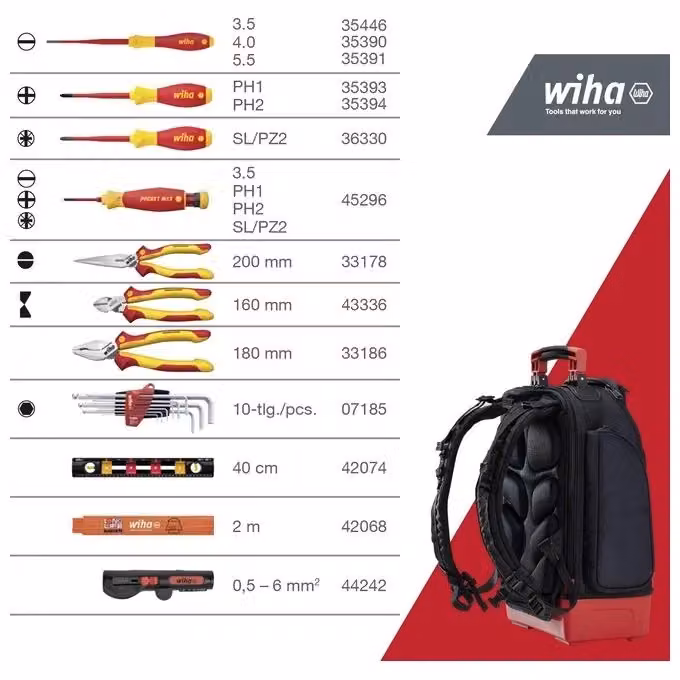 Wiha 45528 Zaino Portautensili per Elettricisti con 27 Pezzi, Comparto Laptop e Utensili VDE Certificati fino a 1000 V, Nero, L/P/H: 53,0 x 38,5 x 26,0 cm – 2
