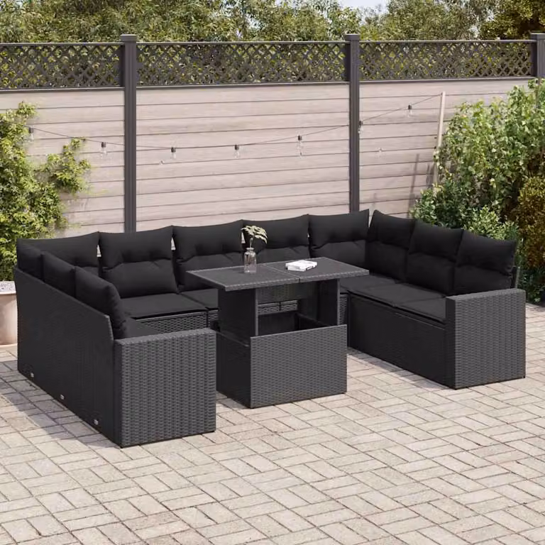 Set di divani da giardino vidaXL a forma di U con cuscini e tavolino, 10 pezzi, colore nero