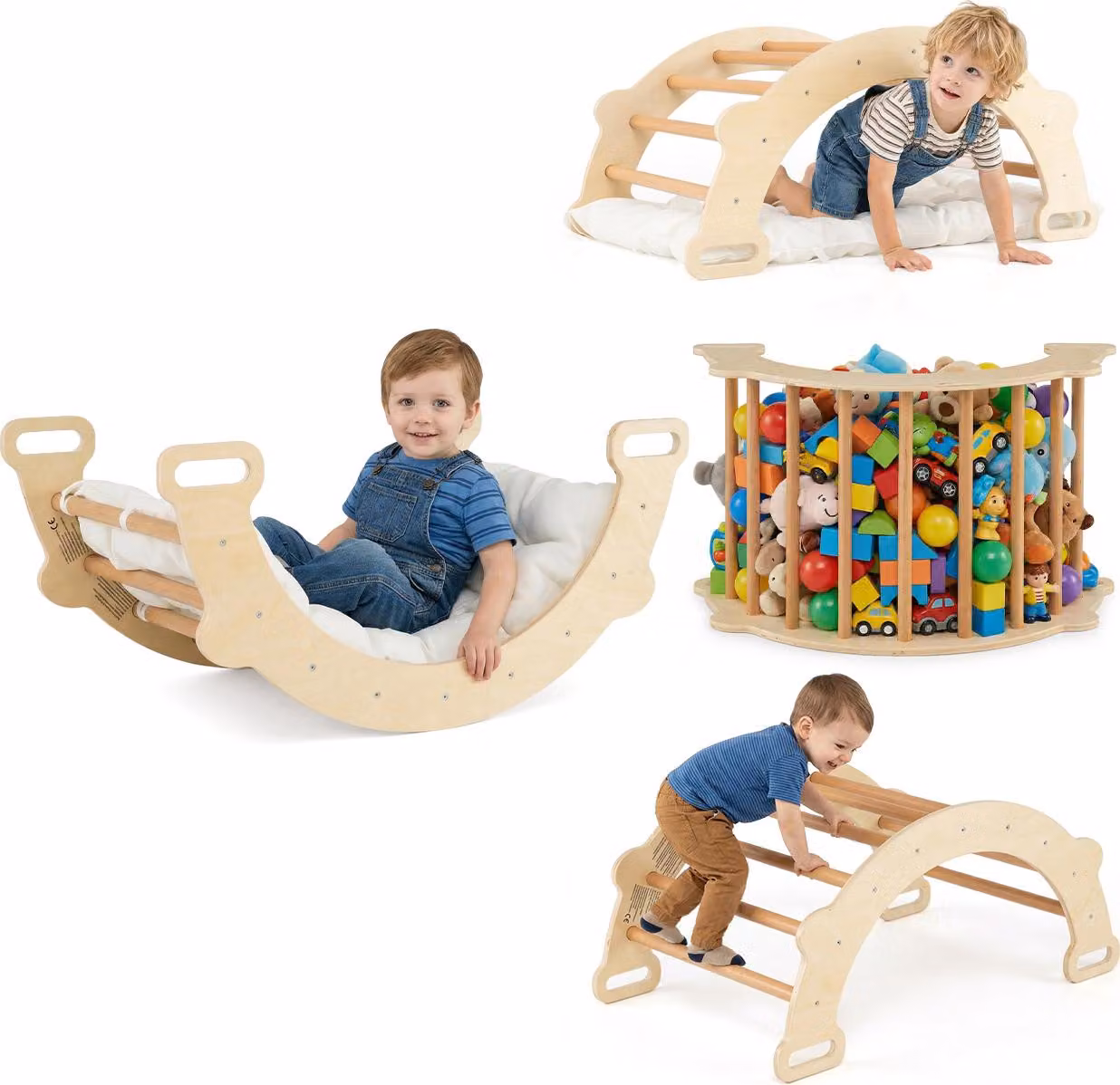 COSTWAY Arco di arrampicata Montessori 3 in 1 con cuscino, triangolo di arrampicata per dondolare e arrampicarsi, scala di arrampicata in legno, struttura di arrampicata, per bambini 3+