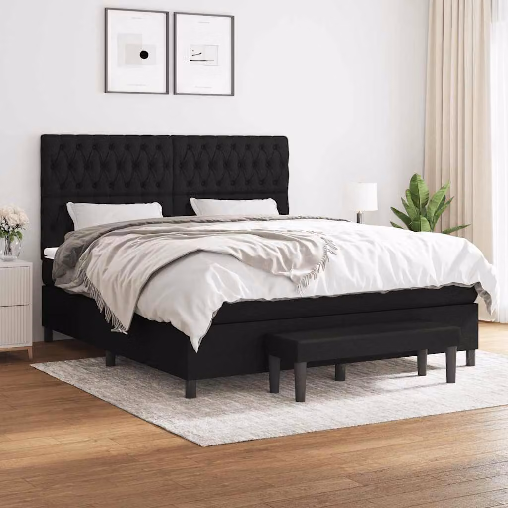 vidaXL Giroletto a Molle Ibrido con Materasso in Tessuto Nero e Bianco L/P/H: 180 x 200 cm – 1