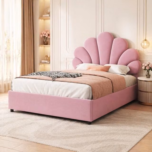 Letto con contenitore Mivray con sollevamento idraulico, testiera floreale imbottita in velluto rosa, L/P/H: 90 x 200 x 115 cm
