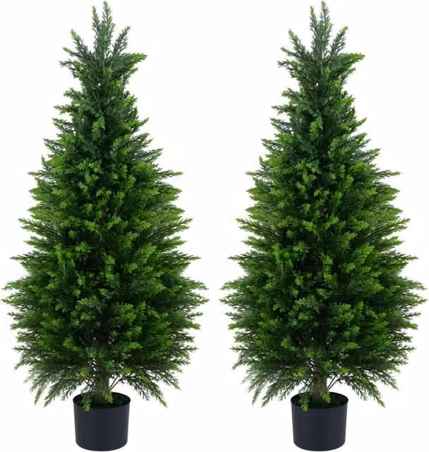 Set di 2 alberi artificiali di cedro verdi con vaso in cemento e base in acciaio, piante topiaria finte resistenti al sole, Altezza: 120 cm – 1
