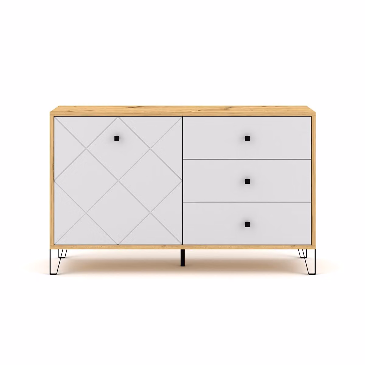 Cassettiera a un'anta con tre cassetti per soggiorno e camera da letto "Bilbao" Rovere bianco opaco artigianale, 123,4 cm x 40 cm x 75,2 cm.
