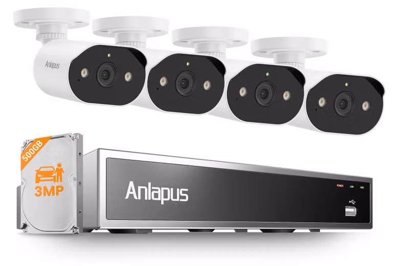Kit di telecamere di sicurezza - 3MP PoE - HDD da 500 GB - 4 telecamere per esterni - Visione notturna - Colore bianco