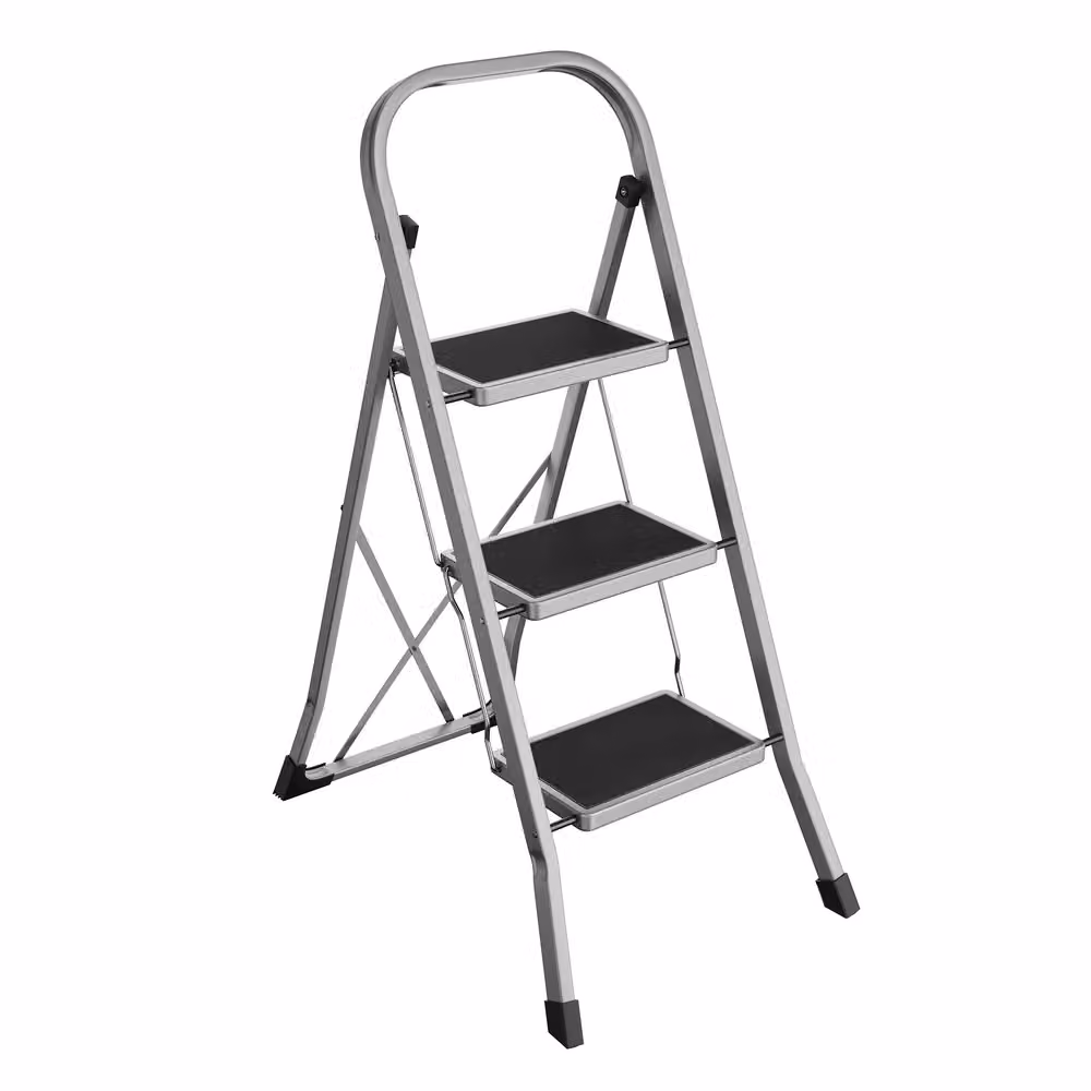 Scaletta Pieghevole Chiusura di Sicurezza per Piegamento, Grigio Tortora / 3 Gradini（46,5 x 74,5 x 105 cm）