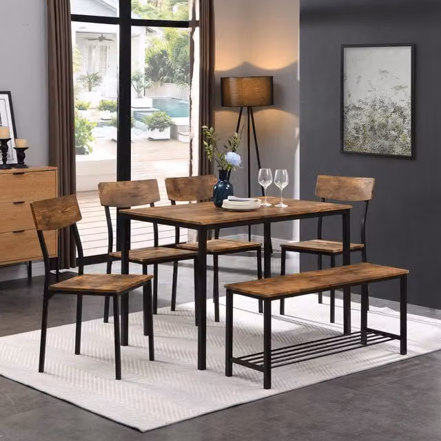 Set da pranzo MIVRAY composto da tavolo rettangolare, panca e 6 sedie in stile industrial, finitura legno marrone e struttura in acciaio