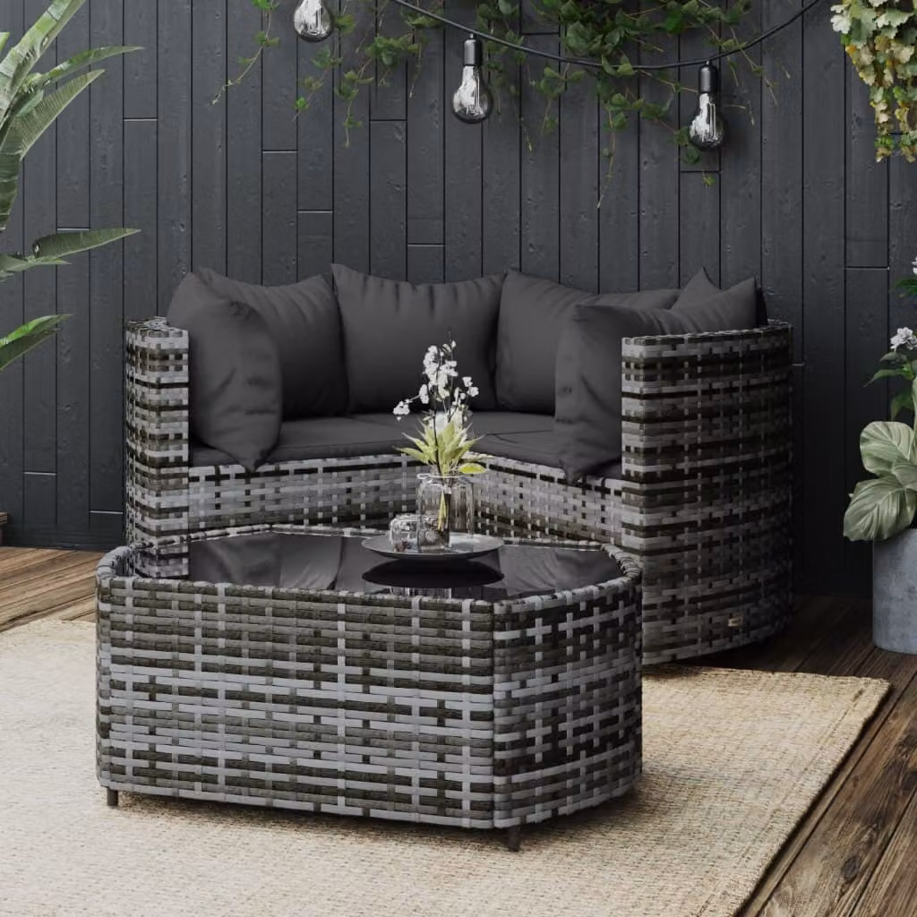 The Living Store Set salotto da giardino 4 pezzi con cuscini in poly rattan grigio