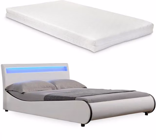 Letto Francese Corium con Materasso e Illuminazione LED sotto il letto, Rivestimento in Similpelle Bianco, L/P: 140 x 200 cm