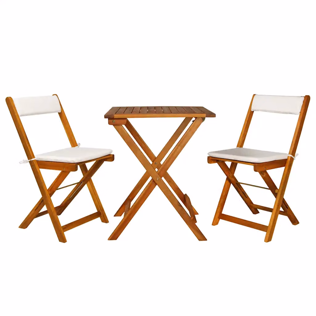 Set da Bistrot vidaXL in Legno di Acacia Marrone con Cuscini, 3 Pezzi, Pieghevole per Giardino e Balcone