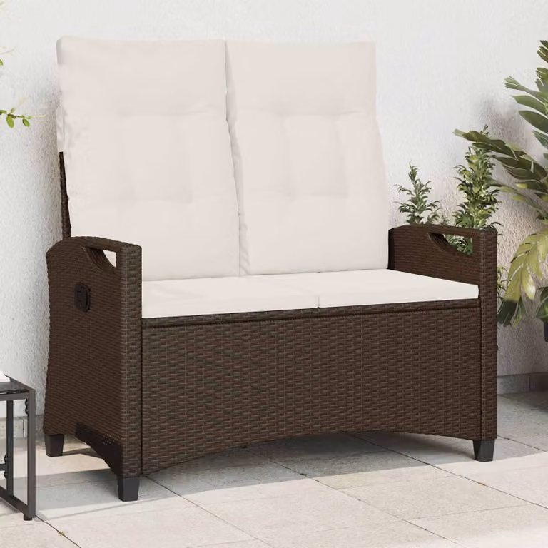 Panchina da giardino moderna vidaXL in metallo e rattan con cuscini, Marrone e Beige, L: 105 cm, P: 60 cm, H: 112 cm