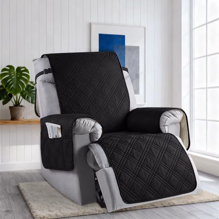 Copertura elastica per poltrona, con tasche portaoggetti, colore nero, adatta per poltrone relax e poltrone TV