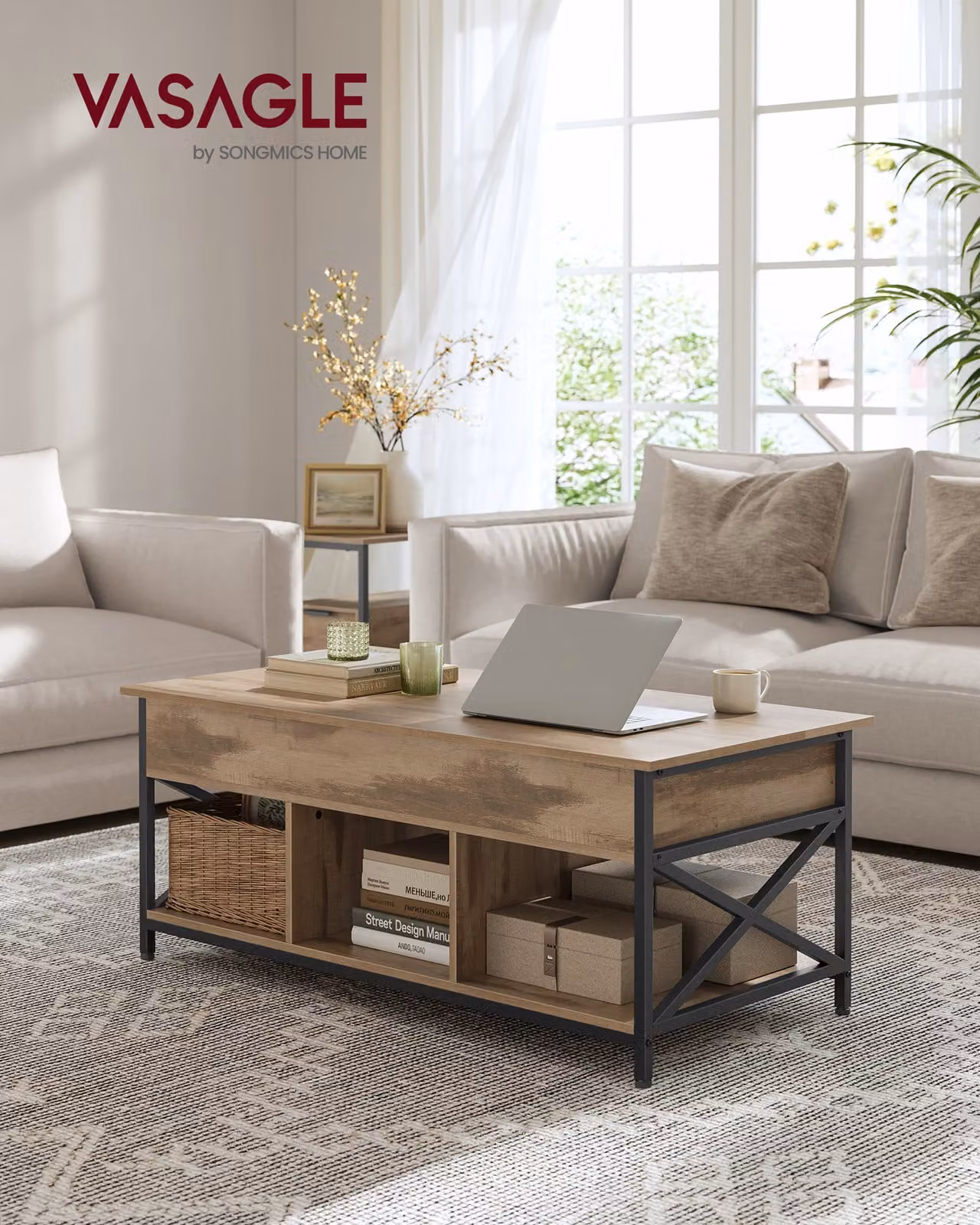 Tavolino VASAGLE, regolabile in altezza, vano portaoggetti nascosto, 60 x 120 x (48-62) cm