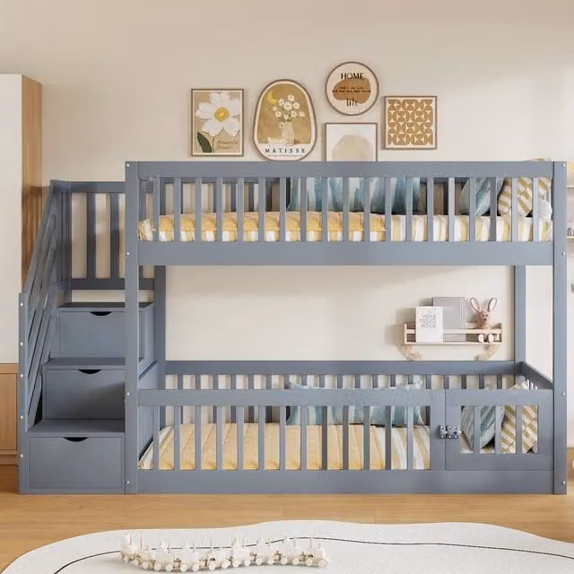 Letto a castello 90×200 cm 2 posti con scala a cassetti, porta apribile, senza materasso, in legno grigio