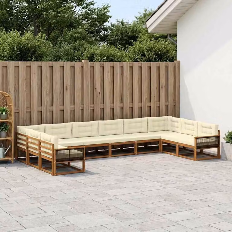 vidaXL Set di divani da esterno a forma di U composto da 10 pezzi in legno di acacia con cuscini color beige e crema