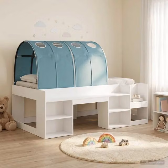 Letto singolo | Letto per adulti | Letto con Tunnel 3 pcs Bianco e azzurro Legno ingegnerizzato