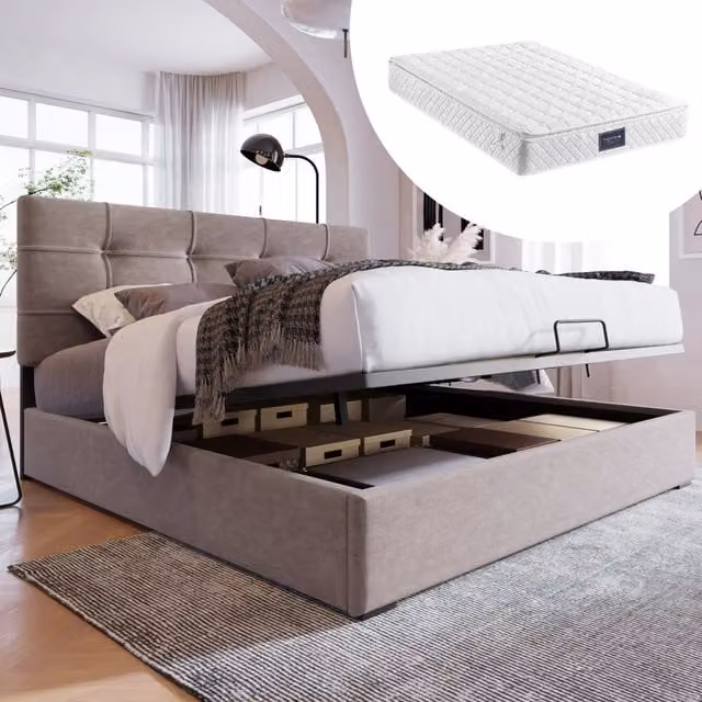 Letto contenitore 140 × 200 cm 2 posti con materasso, testiera regolabile e rivestimento in velluto grigio