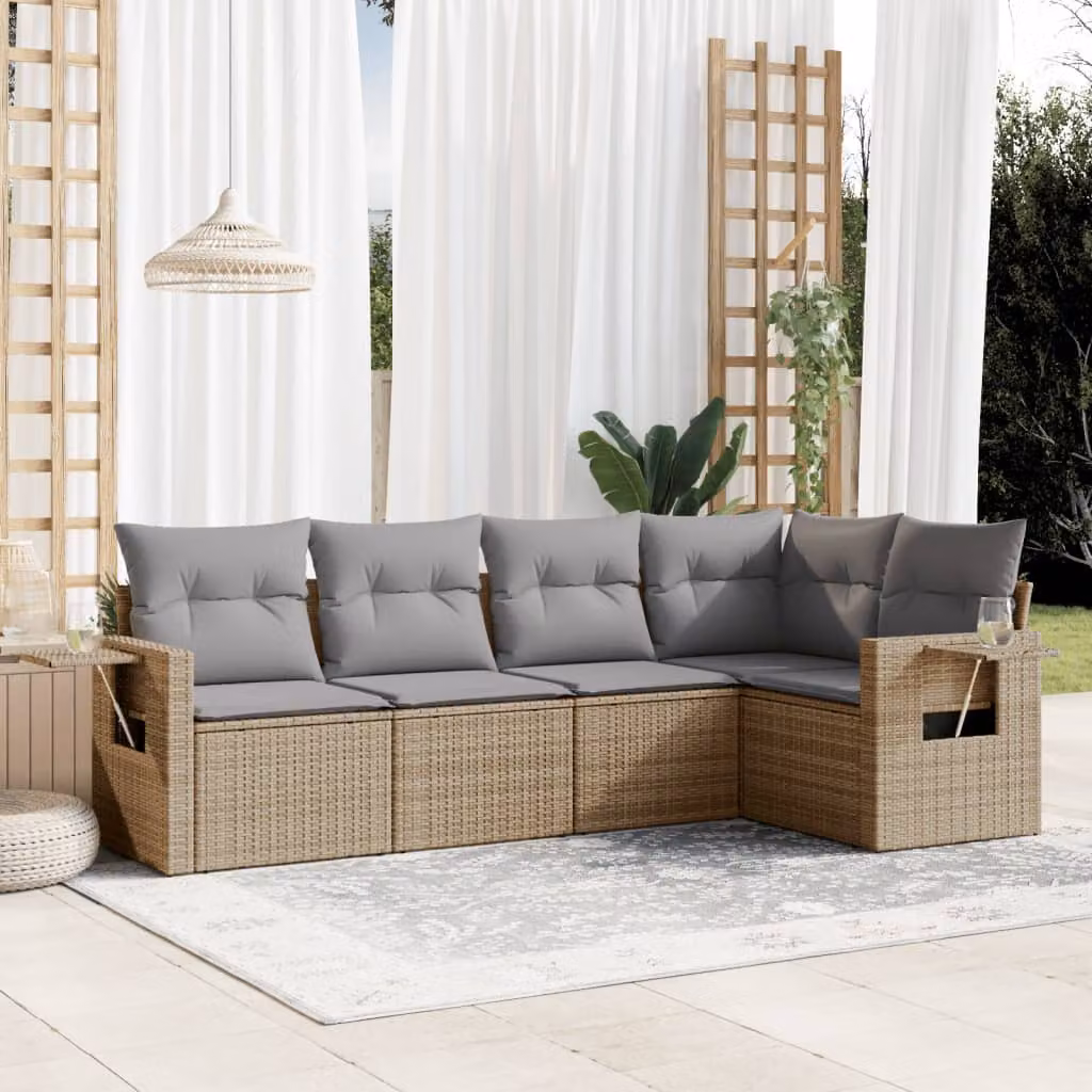 vidaXL Set Divano da Giardino a L 5 pz con Cuscini Beige e Grigio in Polyrattan e Acciaio – 1