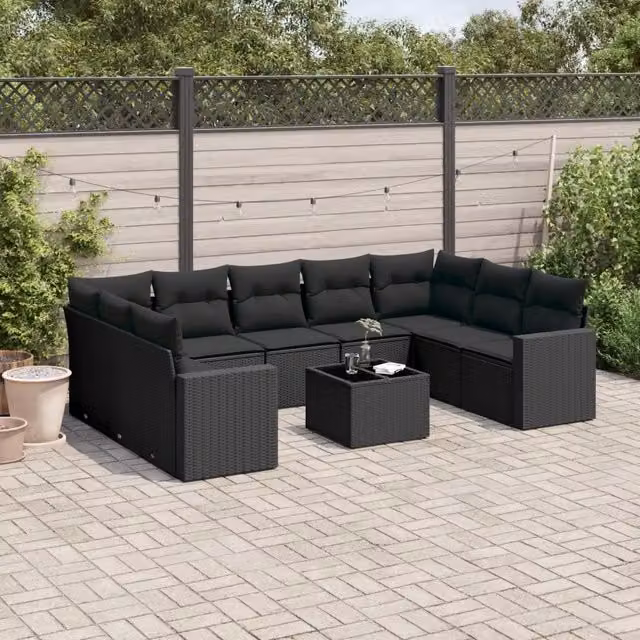 Set Divani da Giardino 10pz con Cuscini in Polyrattan Nero 3251742