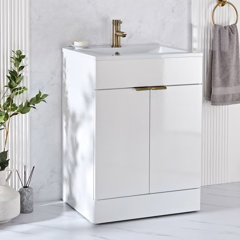 Mobile Bagno a Terra Bianco da 610mm con Lavabo e con Impugnatura a Dito in Ottone Spazzolato  - Cluo
