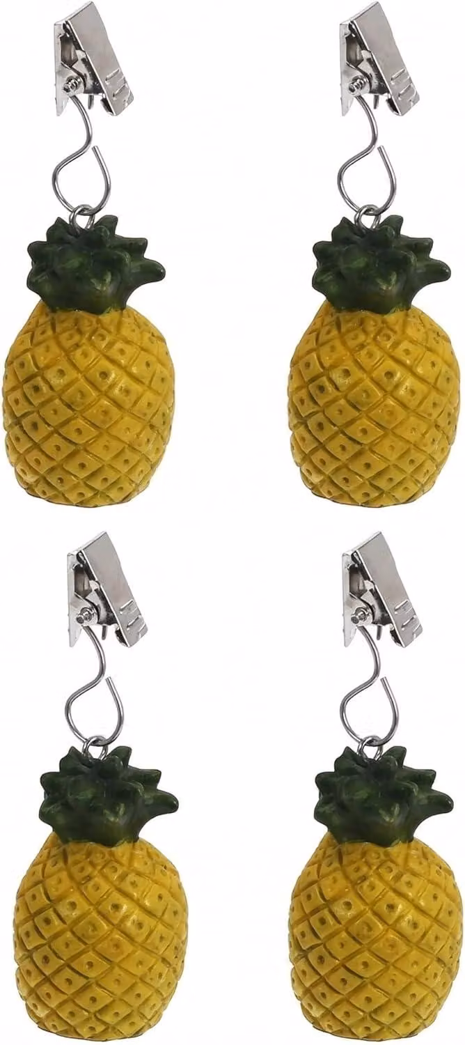 Set di 4 pesi per tovaglia, con motivo ananas, dotati di sistema di fissaggio a clip, ideali per tavoli da giardino
