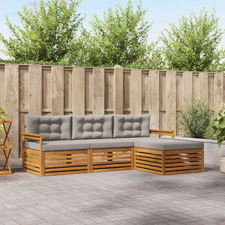 Set di divani da esterno vidaXL a forma di L in legno di acacia con cuscini, beige e grigio