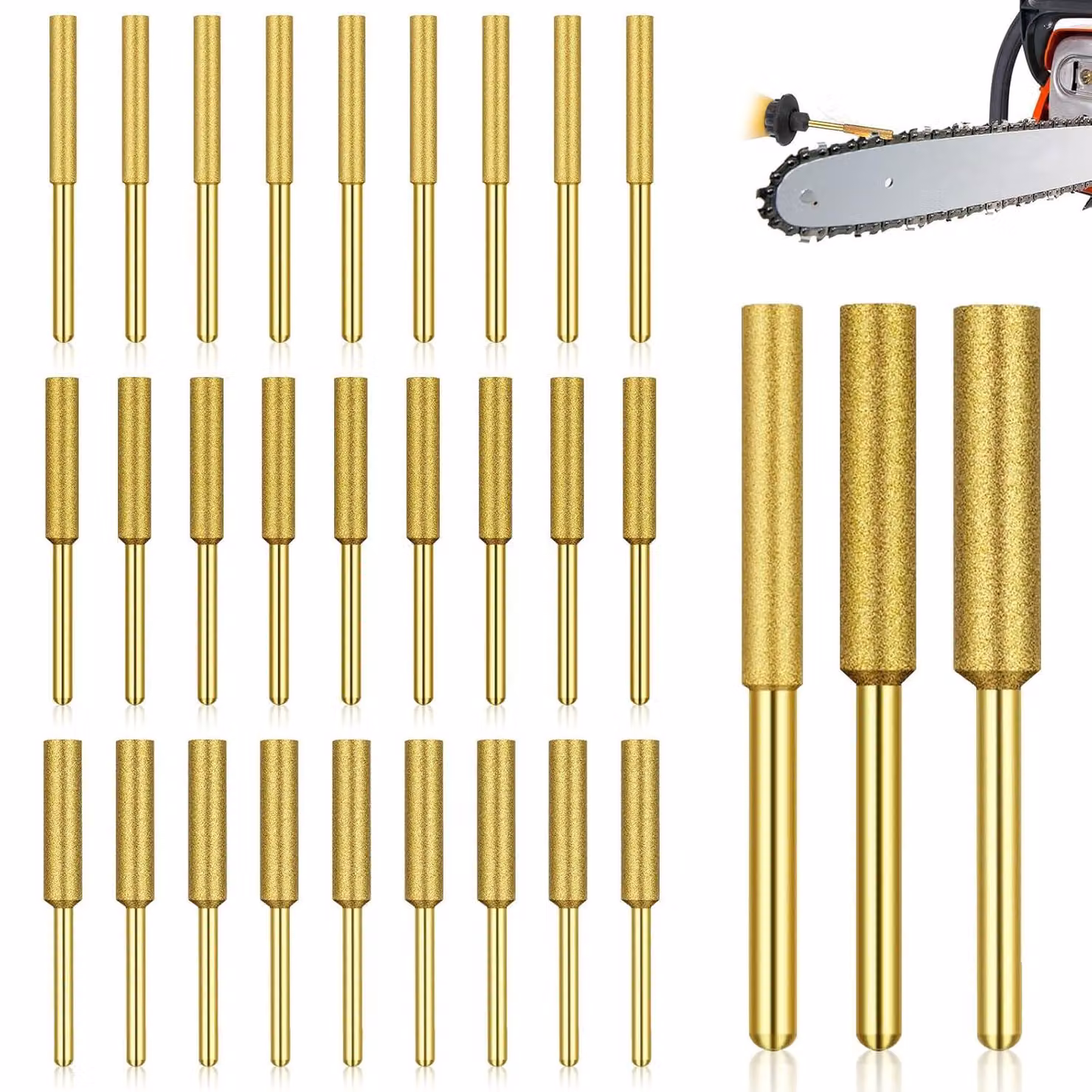 Kit per affilare catene motosega, composto da 30 pezzi, con mole abrasive diamantate da 4 mm, 4,8 mm e 5,5 mm, ideale per l'uso in giardino e per la lavorazione del legno