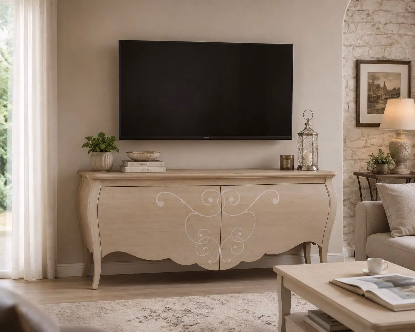 Porta TV in legno bombato con 2 cassetti Mobili 2G grezzo L: 150 cm, P: 50 cm, H: 66 cm – 2