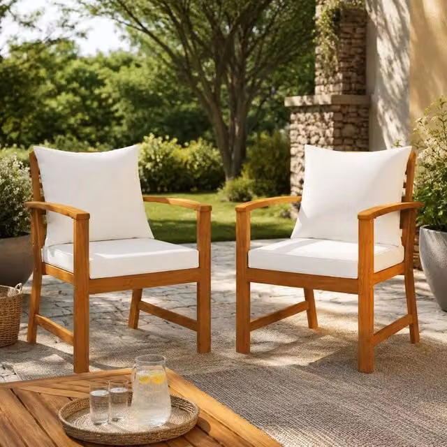 Garden Chairs, Set Of 2, With Cream Cushions, Made Of Solid Acacia Wood