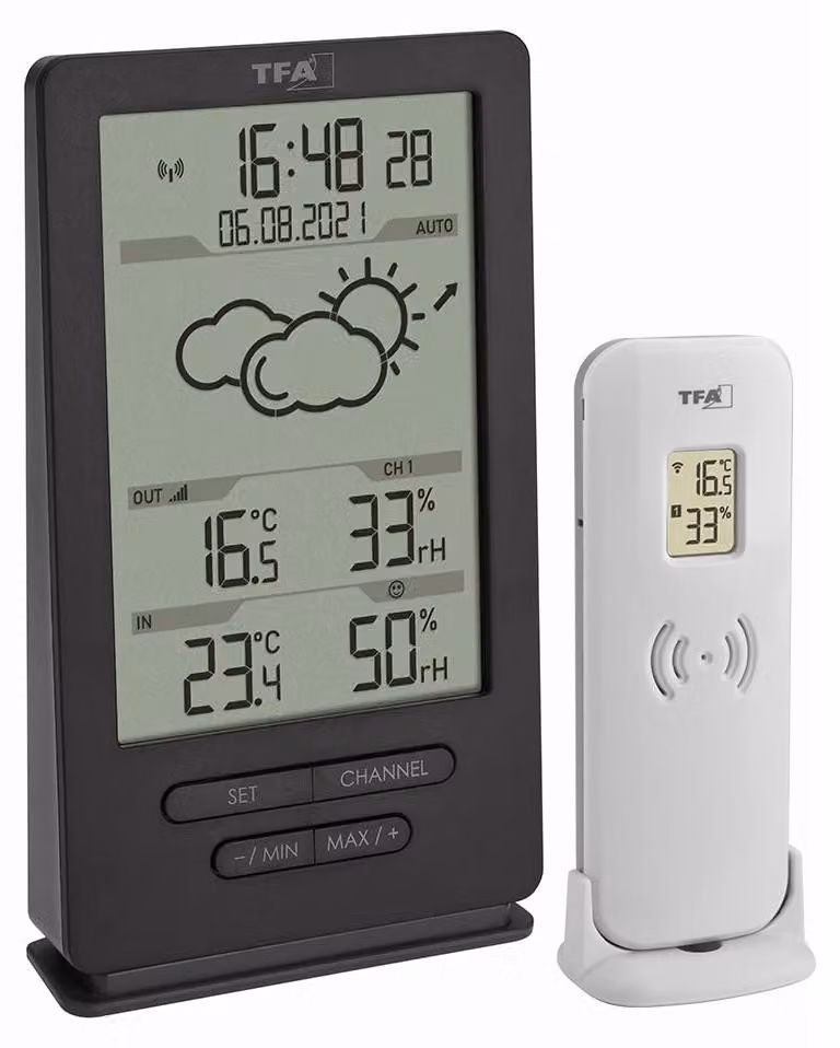 Stazione meteorologica digitale via radio TFA Dostmann, 35.1162.10, dati climatici interni ed esterni, con orologio radio
