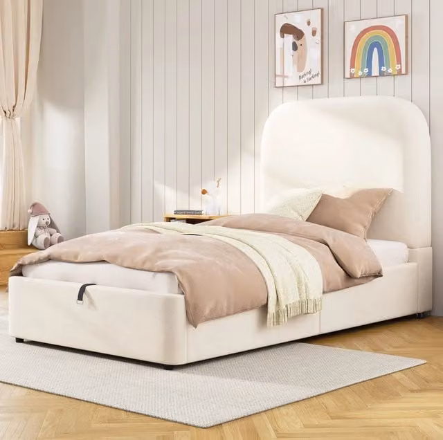 Letto 90 x 200 cm in velluto con contenitore idraulico; testiera imbottita; beige