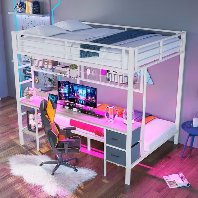 Letto a soppalco OKWISH per bambini con cassetti, scrivania e porta USB, colore bianco, L/P/H: 200 x 140 x 180 cm