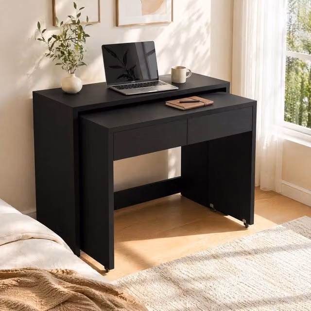 Scrivania moderna OKWISH in MDF nero opaco con ruote, L: 110 cm, P: 40 cm, H: 78 cm