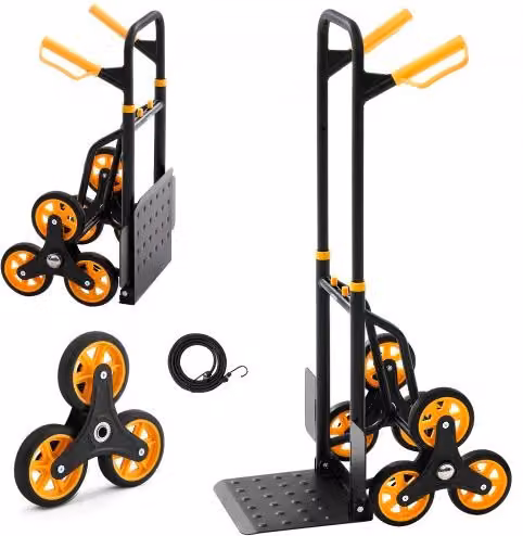 Carrello Portapacchi per Scale VEVOR in Acciaio Nero, Carrello Pieghevole per Carichi Pesanti con Maniglia Telescopica, 6 Ruote e 2 Corde Elastiche, Capacità 150 kg