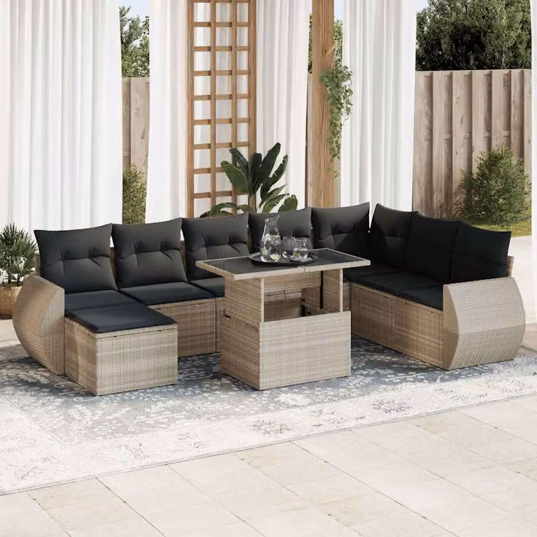 Set Divano da Giardino vidaXL 9 Pezzi a Forma di L con Tavolino e Ottoman, Colore Grigio