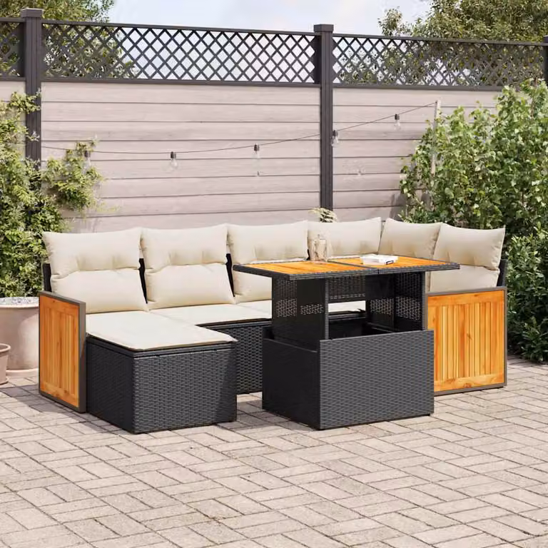 Set di divani da giardino vidaXL a forma di L con 7 pezzi, in polyrattan e legno di acacia con cuscini bianchi e neri