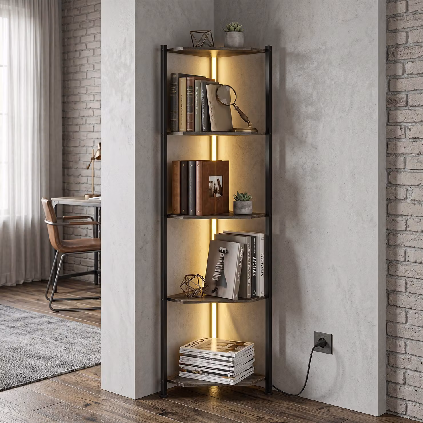 Libreria Angolare HOMCOM con 5 Ripiani e Illuminazione LED, Stile Rustico Marrone – 2