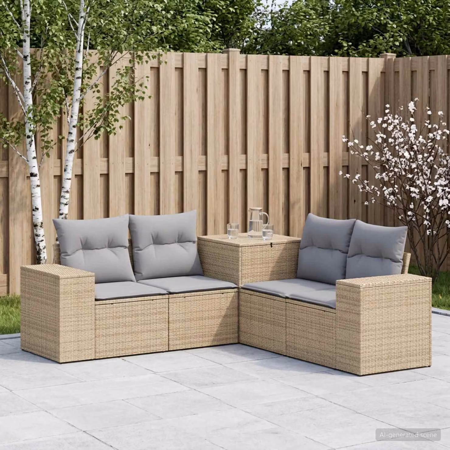 vidaXL Set di divani da giardino a forma di L in rattan e metallo, 5 pezzi, Beige e Grigio Chiaro