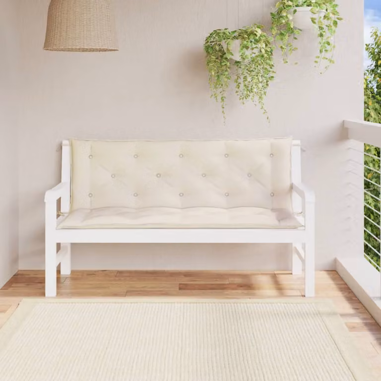 Set di 2 cuscini per panca da giardino vidaXL in tessuto Oxford bianco e beige, L 150 x P 50 x H 7 cm