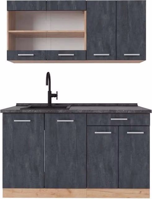 Cucina monoblocco R-Line Calce nera/Rovere dorato 140 cm PL Antracite Vicco