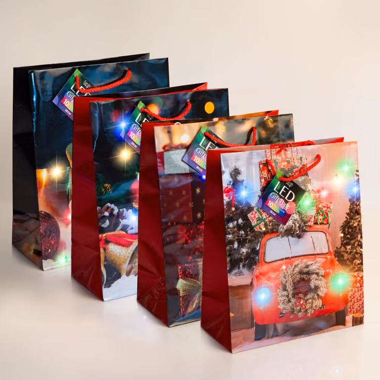 Borsa regalo: 10 LED colorati, carta - 265 x 127 x 330 mm - 4 modelli/confezione - 12 pezzi/confezione