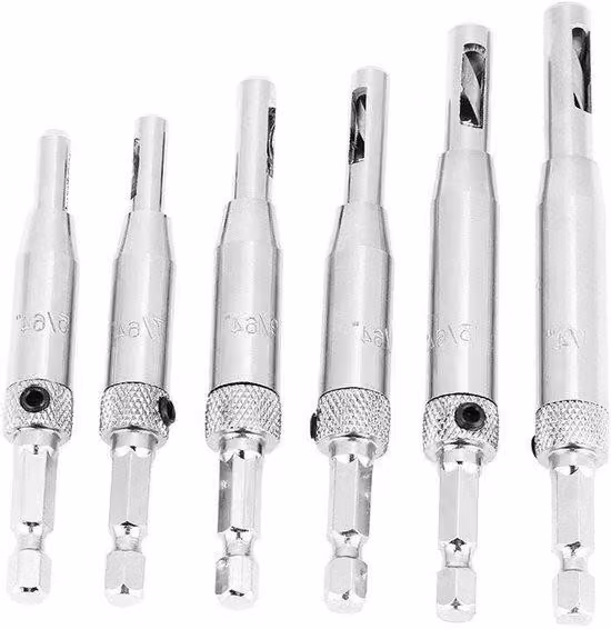 Trapano per cerniere centrato 6 pezzi 5/64 7/64 9/64 11/64 13/64 1/4 set di punte per cerniere autocentranti per armadi in legno ad alta durezza.