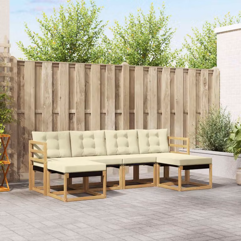 Set di divani da esterno vidaXL a forma di L con pouf, in legno di acacia e tessuto textilene, Bianco e Beige