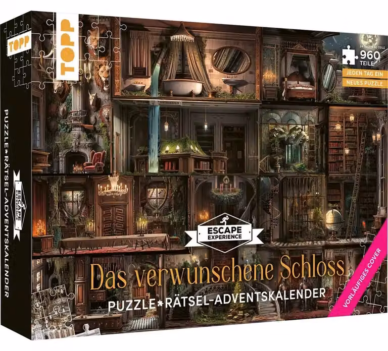 Calendario dell'Avvento a tema puzzle: Il castello incantato - 24 puzzle con un totale di 960 pezzi: Un'esperienza di fuga. Ogni giorno, combinate nuovi pezzi e risolvete gli enigmi.