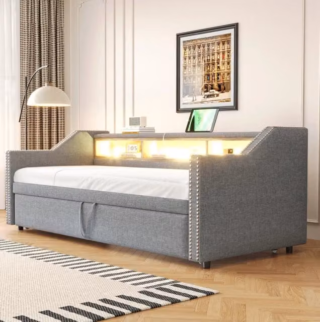 Divano letto 90x190 cm estraibile con vani portaoggetti; LED e USB in lino grigio chiaro