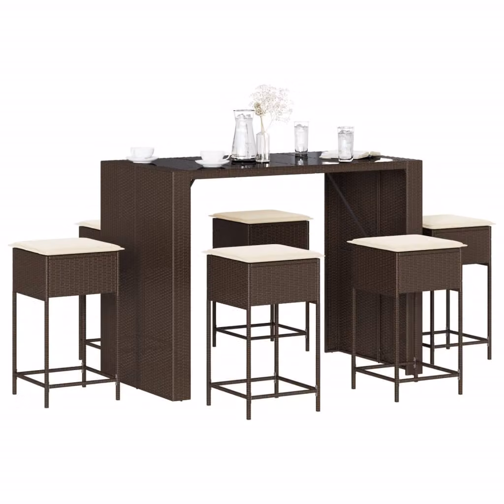 Set Bar da Giardino vidaXL in Polyrattan Marrone con 7 Pezzi e Cuscini